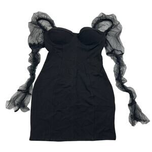 Women's Small Black Sexy Mesh Puff Long Sleeve Bodycon Party Clubwear Dress